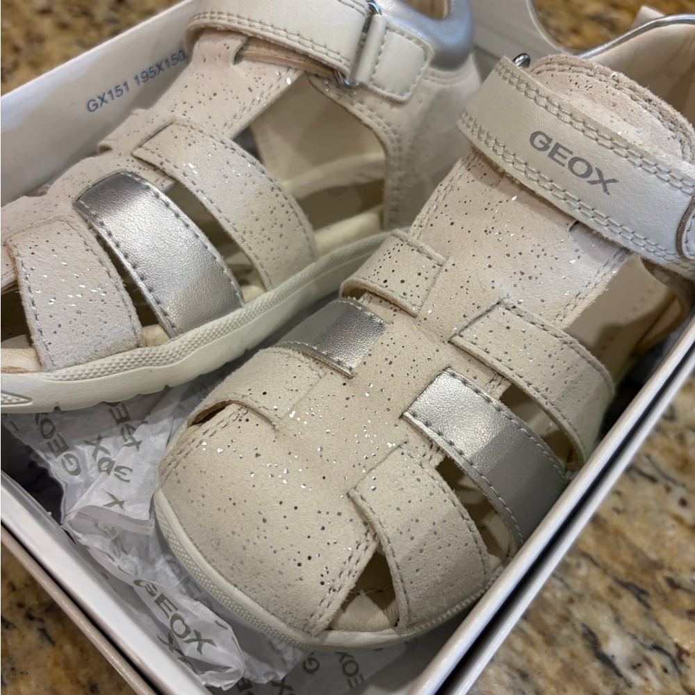 Geox Kids' Sparkle Leather Sandals in Soft Beige and Silver